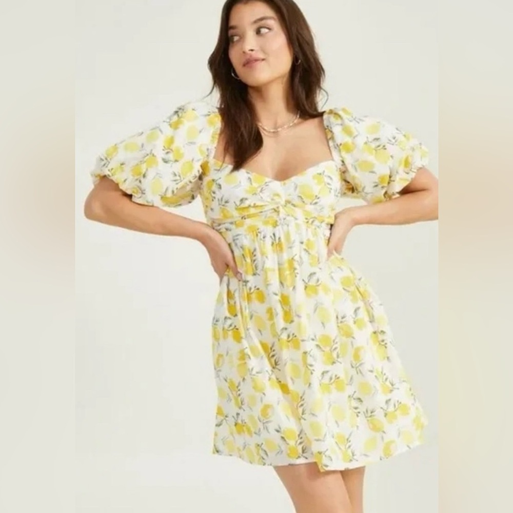 Women’s Trixxi Los Angeles Lemon Print Puff Sleeve Cotton Dress Size Medium